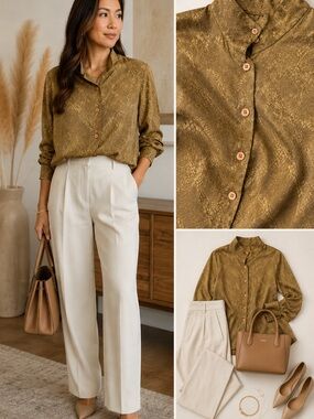 Anne Klein II 100% Silk Jacquard Brown Snakeskin Print Asymmetrical Collar 12